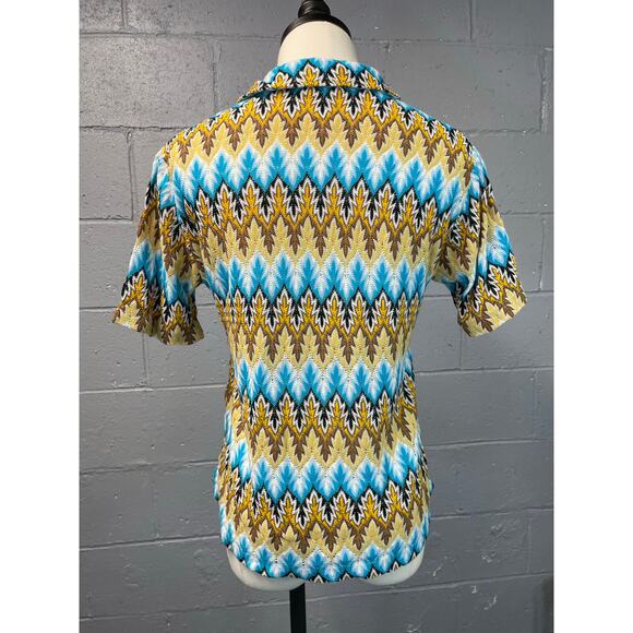 Vintage 60s Psychedelic Chevron Novelty Knit Short Sleeve Shirt Lace Up Med - Picture 3 of 10